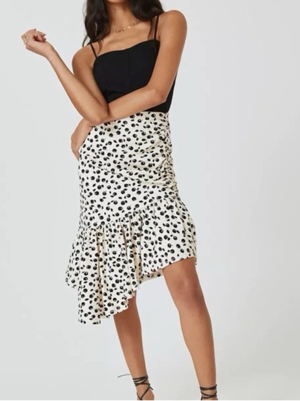 Maeve Cream and Black Asymmetrical Ruffle Spot-Print Skirt
